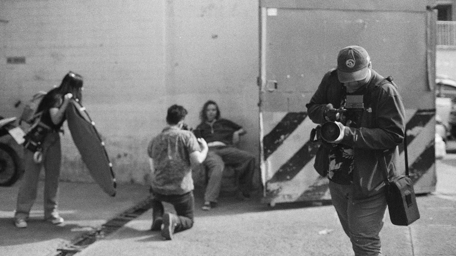 Behind the scenes of a Contenta shoot, in black and white.